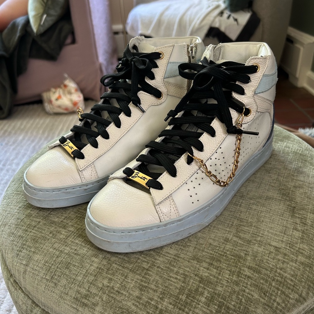 PF448 rare Bombette White and Blue High-Top Sneakers designer leather